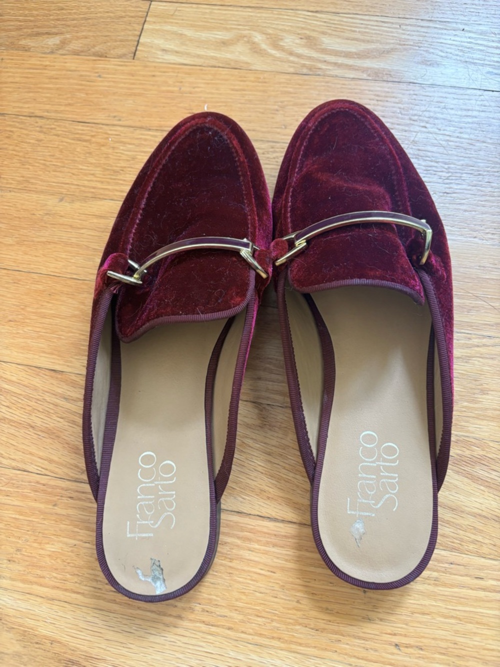 Franco Sarto Wine Velvet Backless Loafers with Gold Accent